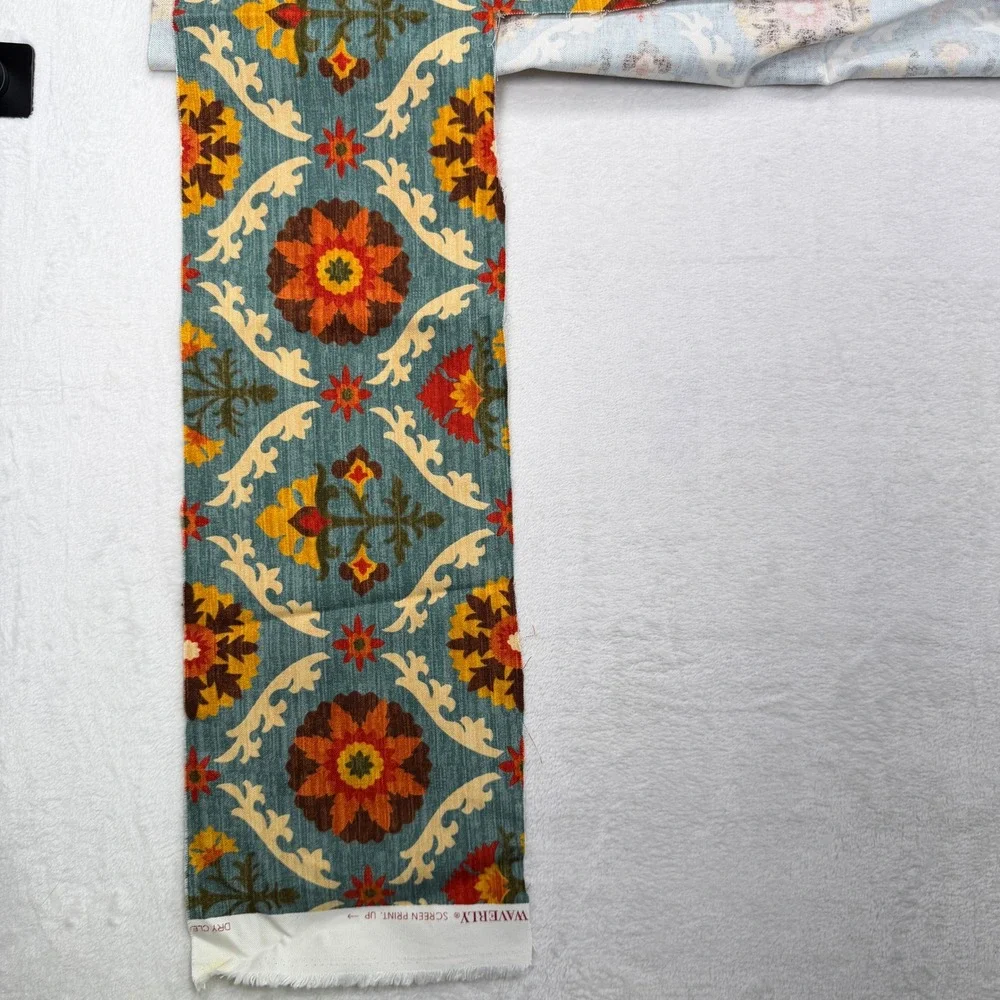 Waverly Mayan Medallion Upholstery Fabric Remnant Floral Teal Orange Red 1.5 Yd